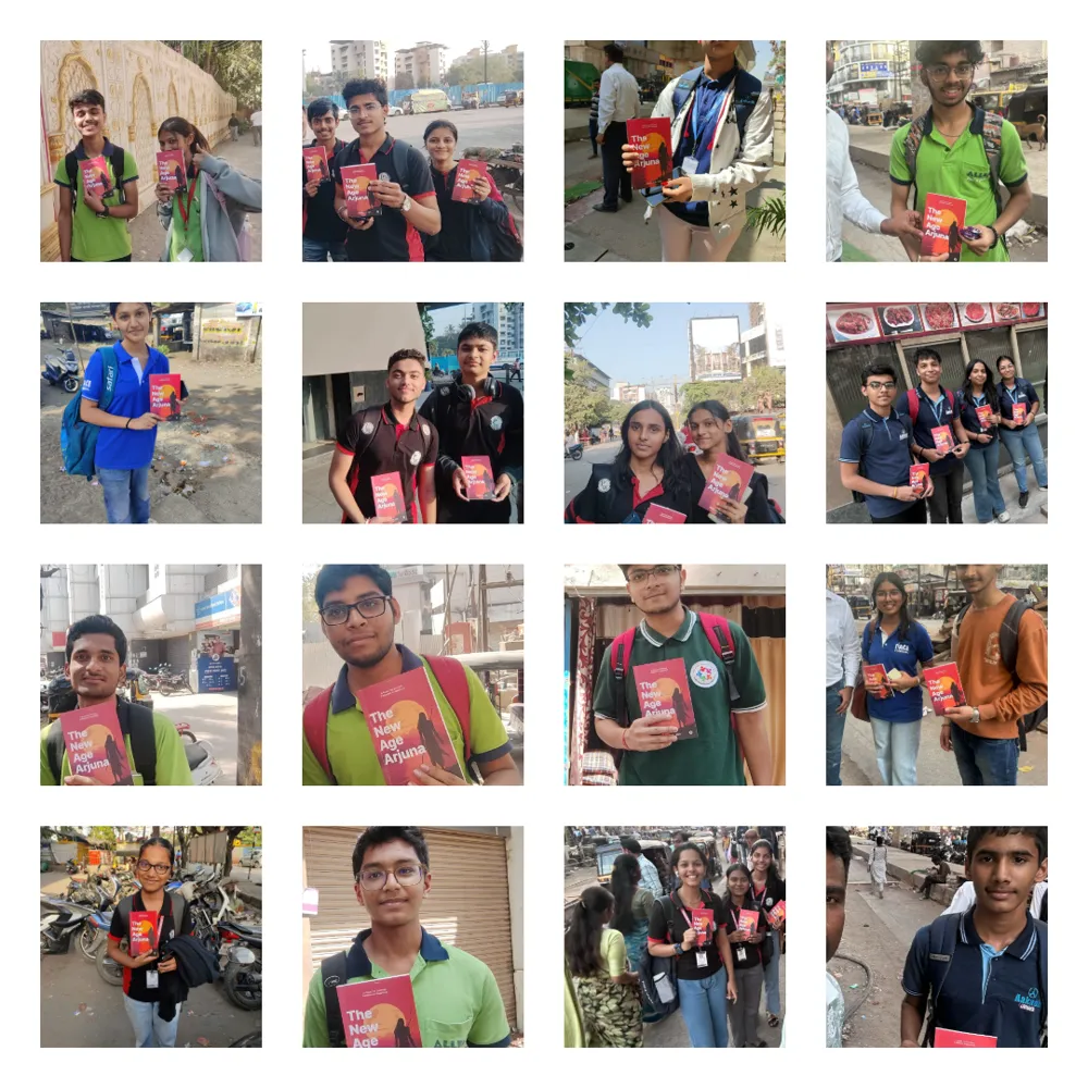 Students holding The New Age Arjuna book in their classrooms
